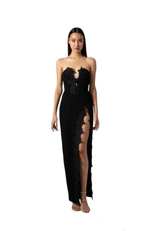 HARLIV Strapless Gown Wired Bodice Lined with Floral Lace Applique Black Dress for Women Modelling Red arpet Ready