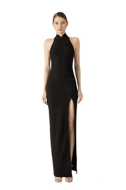 Harliv Shimmer Women Lurex Maxi Dress Side Slit Black