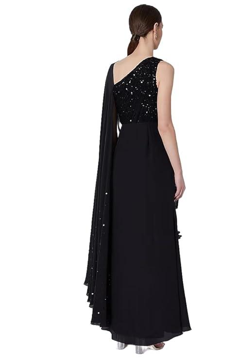 Harliv Black Crepe & Net Ruffled Draped One-Shoulder Gown Saree