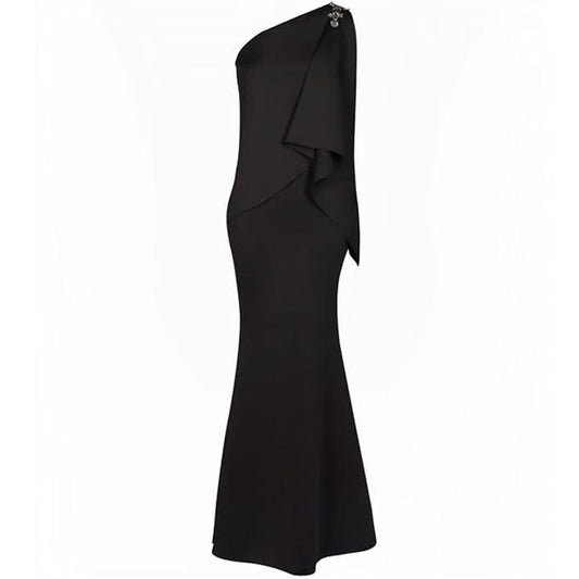 Black Neoprene Embellished One-Shoulder Saree Gown