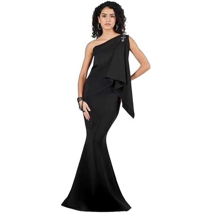 Black Neoprene Embellished One-Shoulder Saree Gown