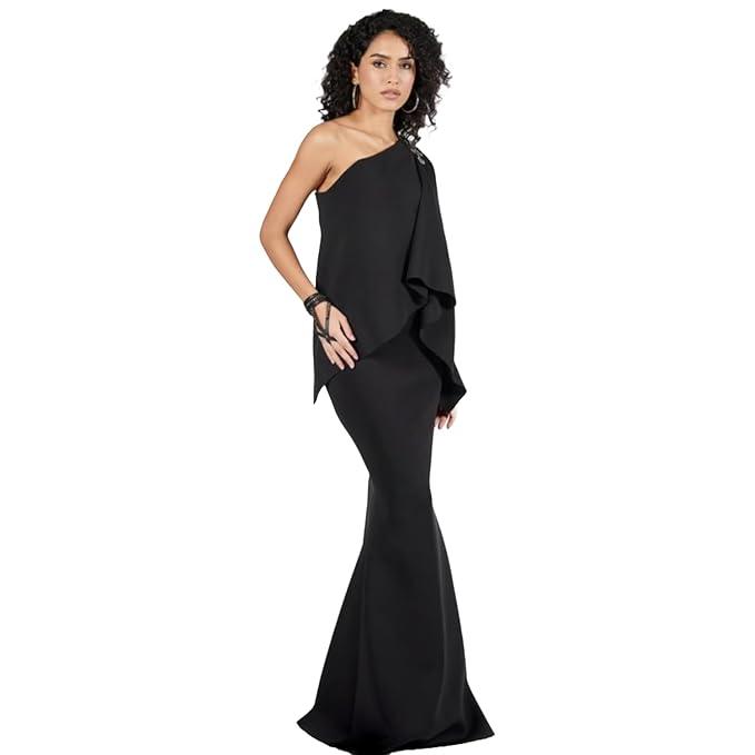 Black Neoprene Embellished One-Shoulder Saree Gown