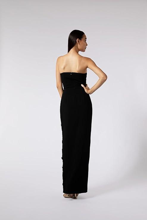 HARLIV Strapless Gown Wired Bodice Lined with Floral Lace Applique Black Dress for Women Modelling Red arpet Ready