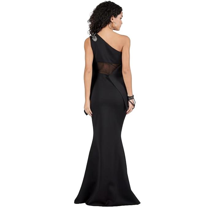 Black Neoprene Embellished One-Shoulder Saree Gown
