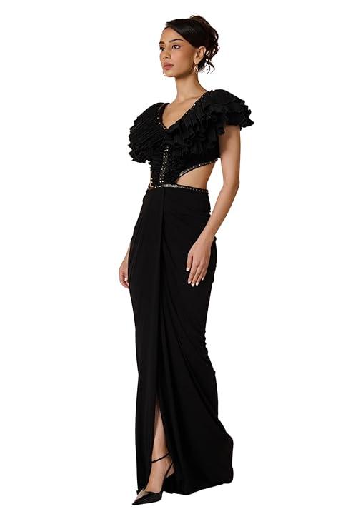 Harliv Black Flounced Gown with Slit