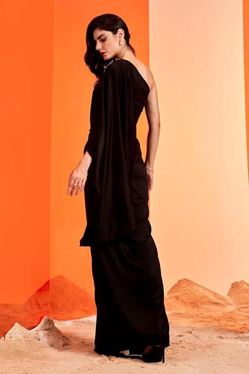 HarLiv One Shoulder Black Saree Gown Women - Party, Cocktail, Wedding Dress (Black)