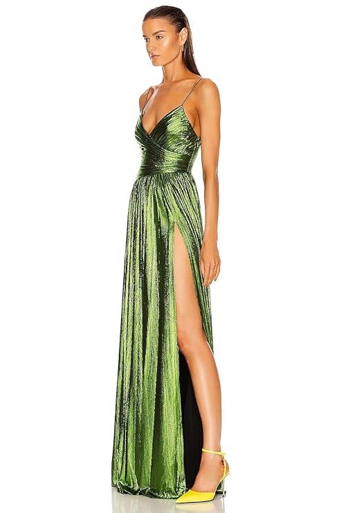 Harliv Doss Dress Party Women - Partially Lined Hidden Side Zipper Closure Ruched Surplice Bodice with Spaghetti Shoulder Straps Lustrous Lame Fabric Dramatic Side Slit (Lime)