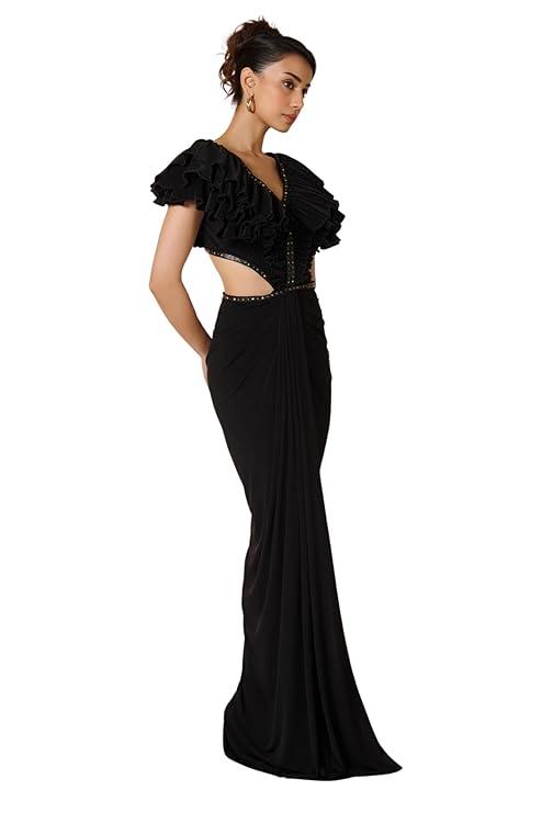 Harliv Black Flounced Gown with Slit