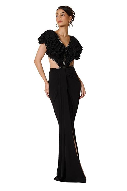 Harliv Black Flounced Gown with Slit