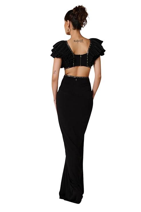 Harliv Black Flounced Gown with Slit
