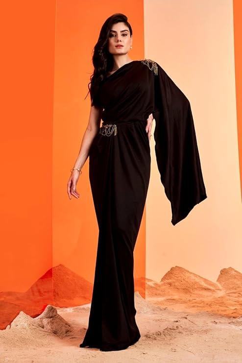 HarLiv One Shoulder Black Saree Gown Women - Party, Cocktail, Wedding Dress (Black)