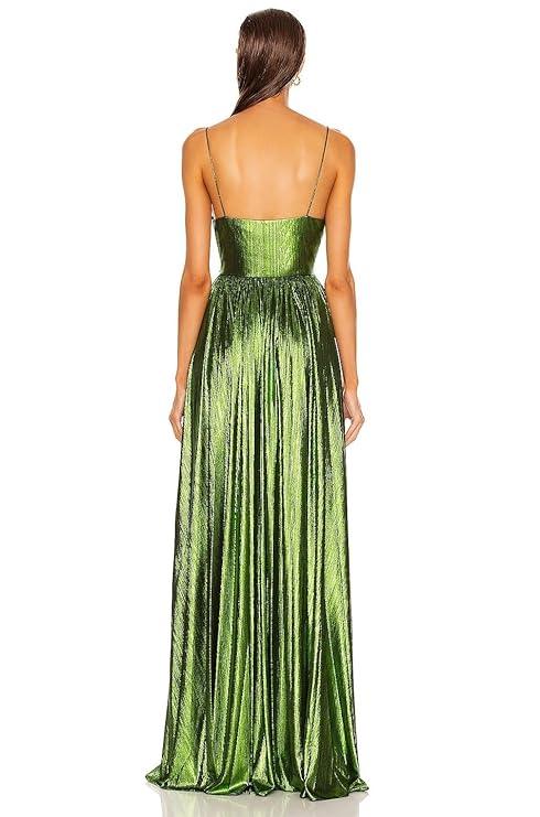 Harliv Doss Dress Party Women - Partially Lined Hidden Side Zipper Closure Ruched Surplice Bodice with Spaghetti Shoulder Straps Lustrous Lame Fabric Dramatic Side Slit (Lime)