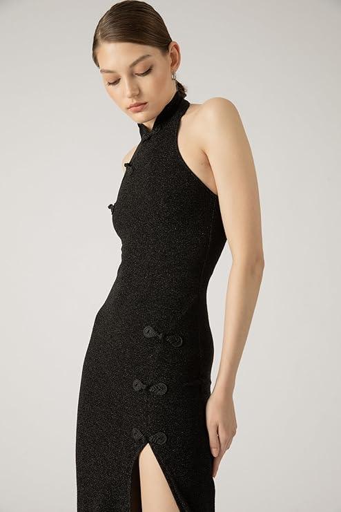 Harliv Shimmer Women Lurex Maxi Dress Side Slit Black