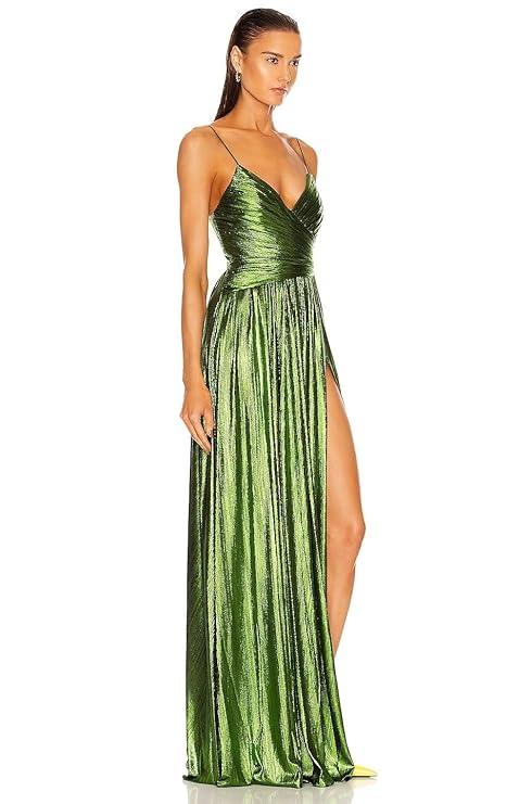Harliv Doss Dress Party Women - Partially Lined Hidden Side Zipper Closure Ruched Surplice Bodice with Spaghetti Shoulder Straps Lustrous Lame Fabric Dramatic Side Slit (Lime)