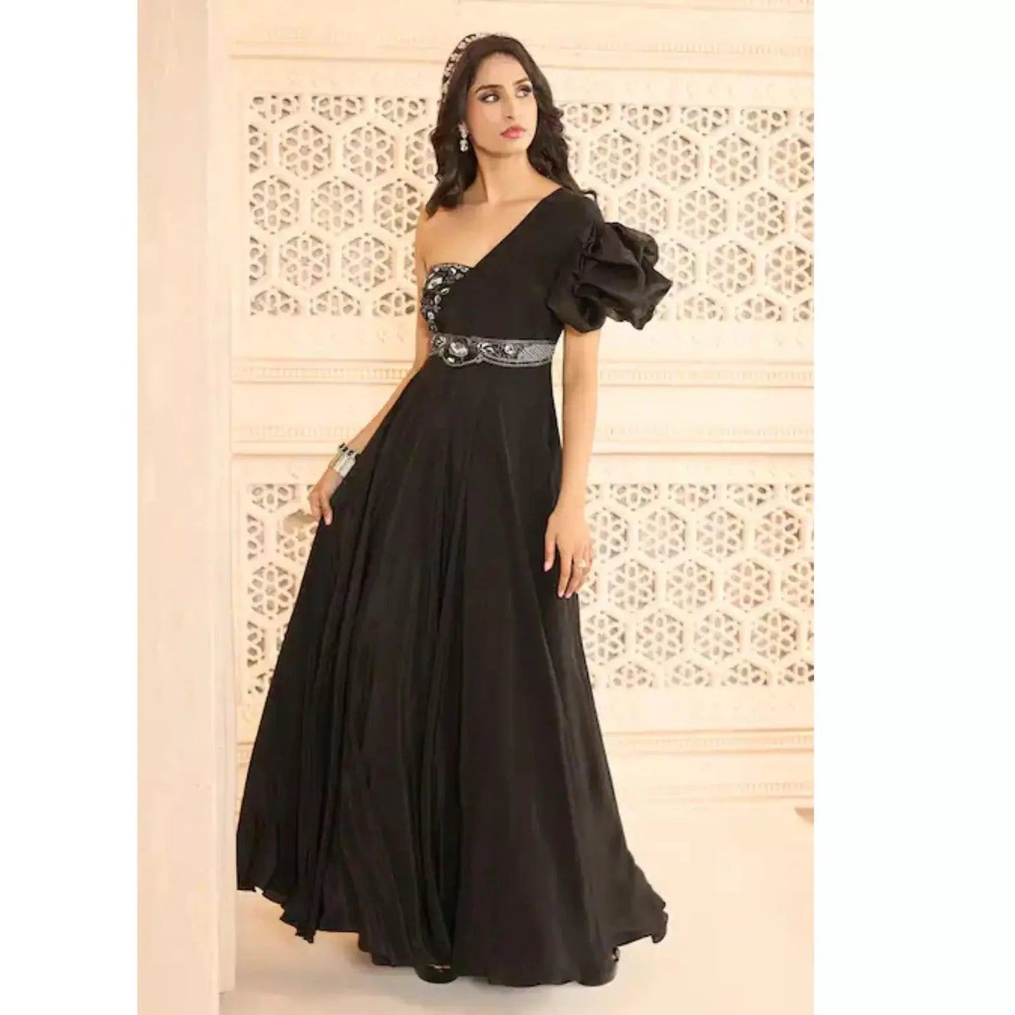 Harliv Black Crepe Hand Embroidered Floral Patterns Asymmetric One Shoulder Gown