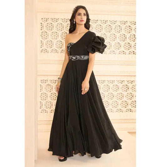 Harliv Black Crepe Hand Embroidered Floral Patterns Asymmetric One Shoulder Gown