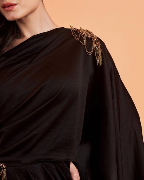 HarLiv One Shoulder Black Saree Gown Women - Party, Cocktail, Wedding Dress (Black)