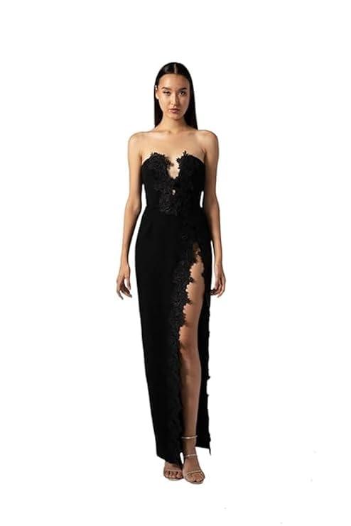 HARLIV Strapless Gown Wired Bodice Lined with Floral Lace Applique Black Dress for Women Modelling Red arpet Ready