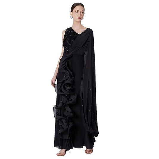 Harliv Black Crepe & Net Ruffled Draped One-Shoulder Gown Saree