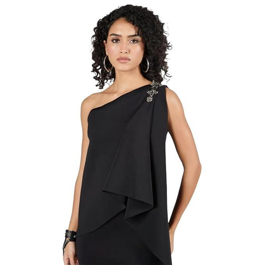 Black Neoprene Embellished One-Shoulder Saree Gown