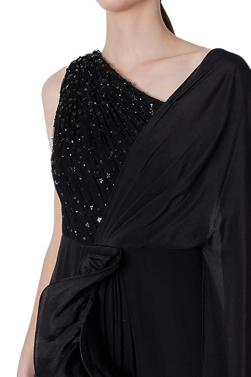 Harliv Black Crepe & Net Ruffled Draped One-Shoulder Gown Saree