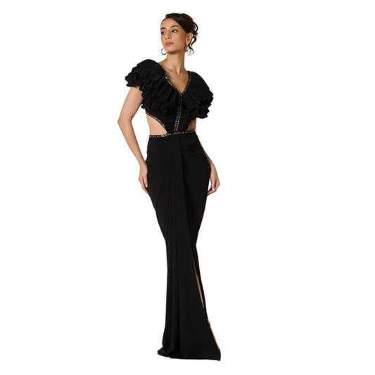 Harliv Black Flounced Gown with Slit