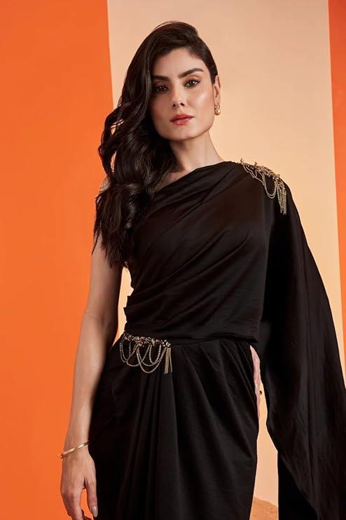 HarLiv One Shoulder Black Saree Gown Women - Party, Cocktail, Wedding Dress (Black)
