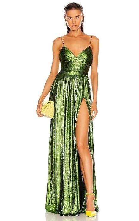 Harliv Doss Dress Party Women - Partially Lined Hidden Side Zipper Closure Ruched Surplice Bodice with Spaghetti Shoulder Straps Lustrous Lame Fabric Dramatic Side Slit (Lime)