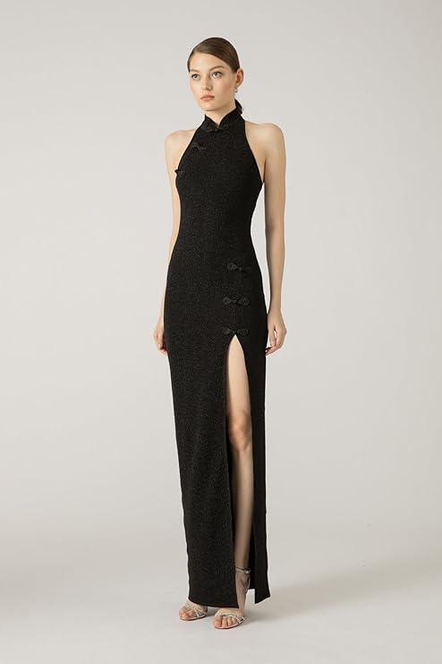 Harliv Shimmer Women Lurex Maxi Dress Side Slit Black