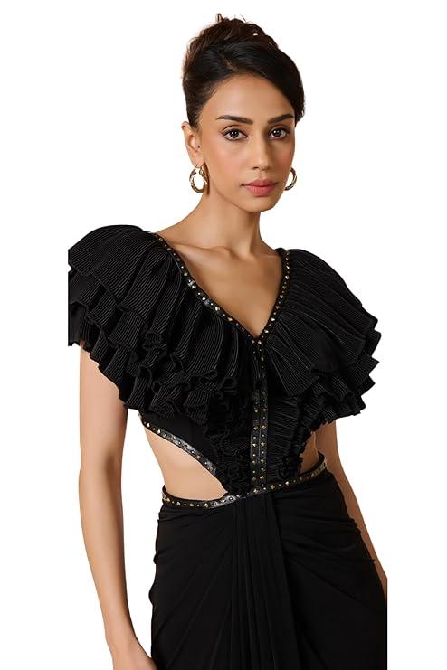 Harliv Black Flounced Gown with Slit