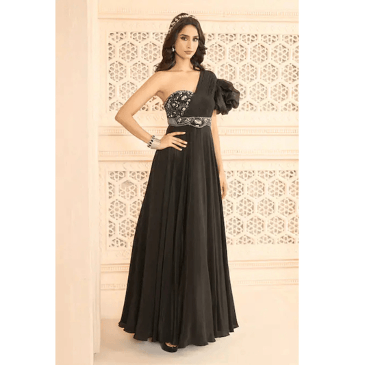 Harliv Black Crepe Hand Embroidered Floral Patterns Asymmetric One Shoulder Gown